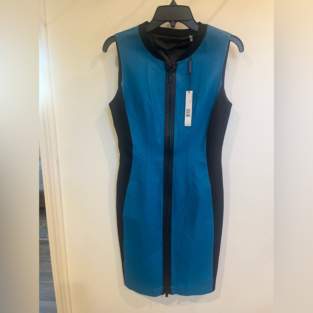 Elie Tahari Blue Leather  and Black Sheath Midi Dress NWT